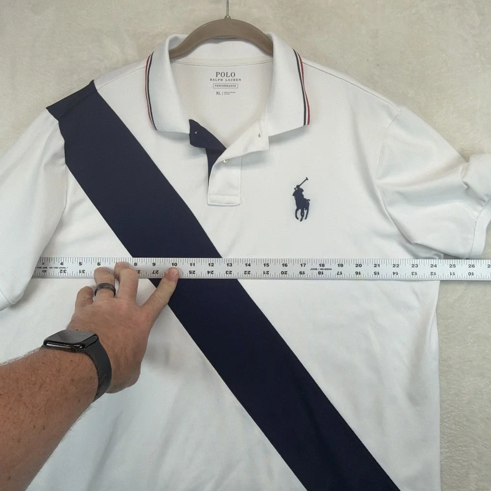 Polo Ralph Lauren Performance Polo Shirt Mens XL White Navy Stripe Golf Stretch